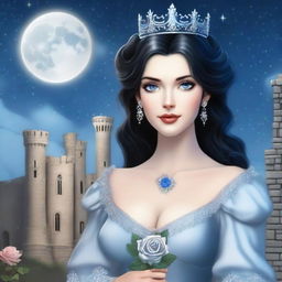 A realistic depiction of a beautiful woman with black hair and blue eyes, dressed in princess attire, is standing in a castle, looking at a large full white moon with stars in the sky