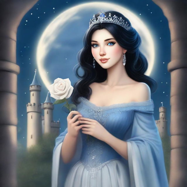 A realistic depiction of a beautiful woman with black hair and blue eyes, dressed in princess attire, is standing in a castle, looking at a large full white moon with stars in the sky