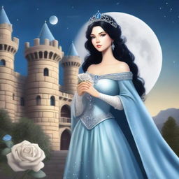 A realistic depiction of a beautiful woman with black hair and blue eyes, dressed in princess attire, is standing in a castle, looking at a large full white moon with stars in the sky