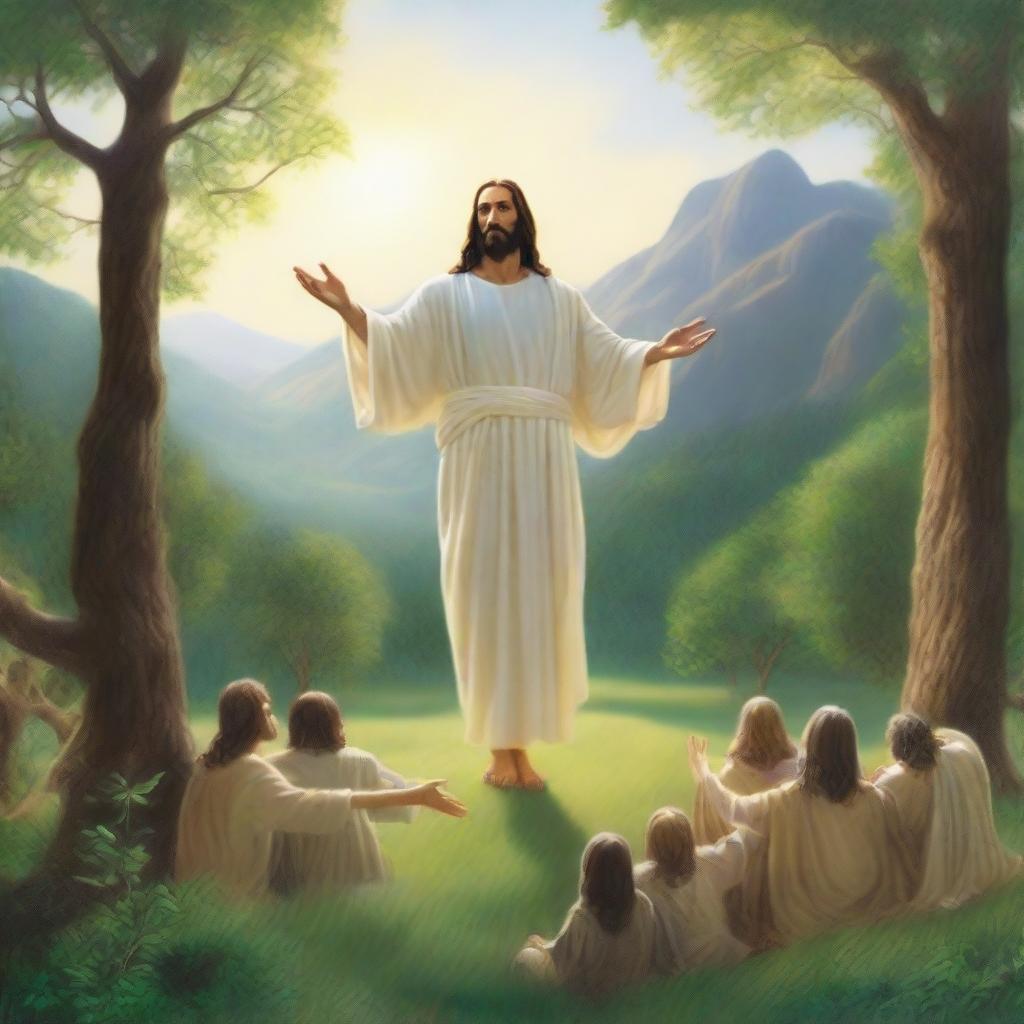 In a serene valley with lush greenery, Jesus Christ is standing on the ground, exuding a peaceful and divine presence