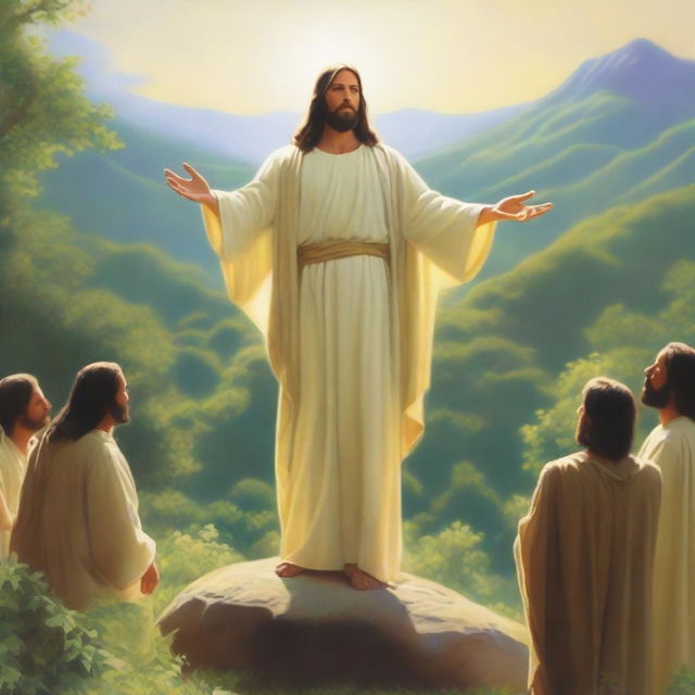 In a serene valley with lush greenery, Jesus Christ is standing on the ground, exuding a peaceful and divine presence