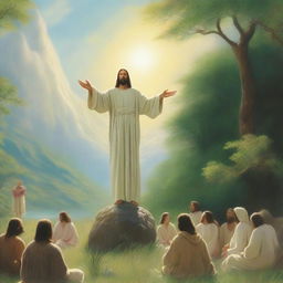 In a serene valley with lush greenery, Jesus Christ is standing on the ground, exuding a peaceful and divine presence