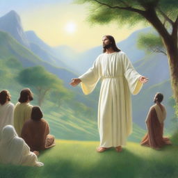 In a serene valley with lush greenery, Jesus Christ is standing on the ground, exuding a peaceful and divine presence