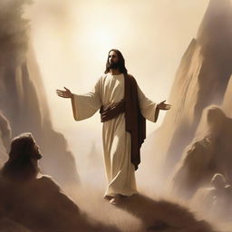 In a serene valley with earthy brown tones, Jesus Christ is standing on the ground, exuding a peaceful and divine presence