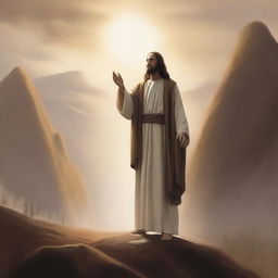 In a serene valley with earthy brown tones, Jesus Christ is standing on the ground, exuding a peaceful and divine presence