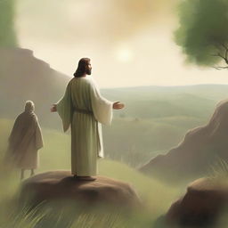 In a serene valley with earthy brown and green tones, Jesus Christ is standing on the ground in the background, exuding a peaceful and divine presence