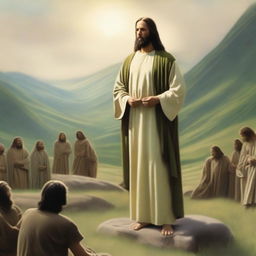 In a serene valley with earthy brown and green tones, Jesus Christ is standing on the ground in the background, exuding a peaceful and divine presence