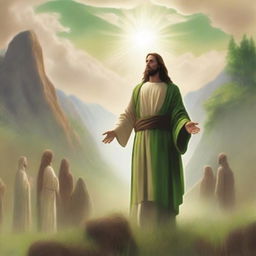 In a serene valley with earthy brown and green tones, Jesus Christ is standing on the ground in the background, exuding a peaceful and divine presence