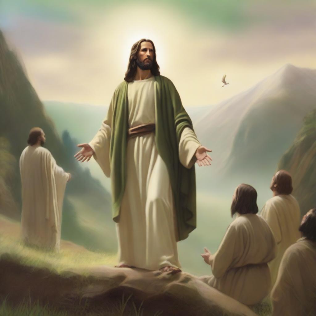 In a serene valley with earthy brown and green tones, Jesus Christ is standing on the ground in the background, exuding a peaceful and divine presence