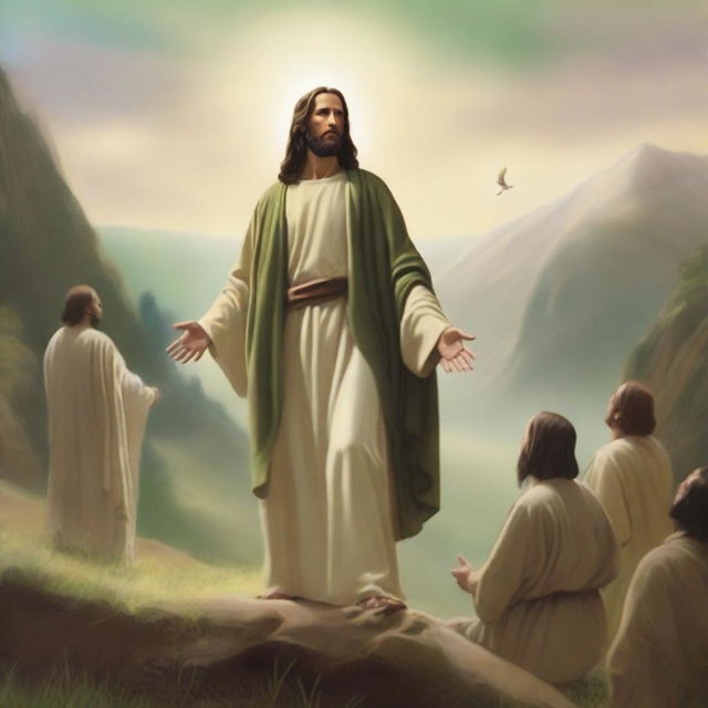 In a serene valley with earthy brown and green tones, Jesus Christ is standing on the ground in the background, exuding a peaceful and divine presence