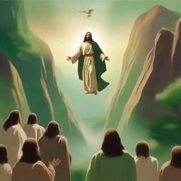 In a serene valley with earthy brown and green tones, Jesus Christ is smaller and positioned in the background, at the center of the scene