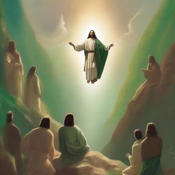 In a serene valley with earthy brown and green tones, Jesus Christ is smaller and positioned in the background, at the center of the scene