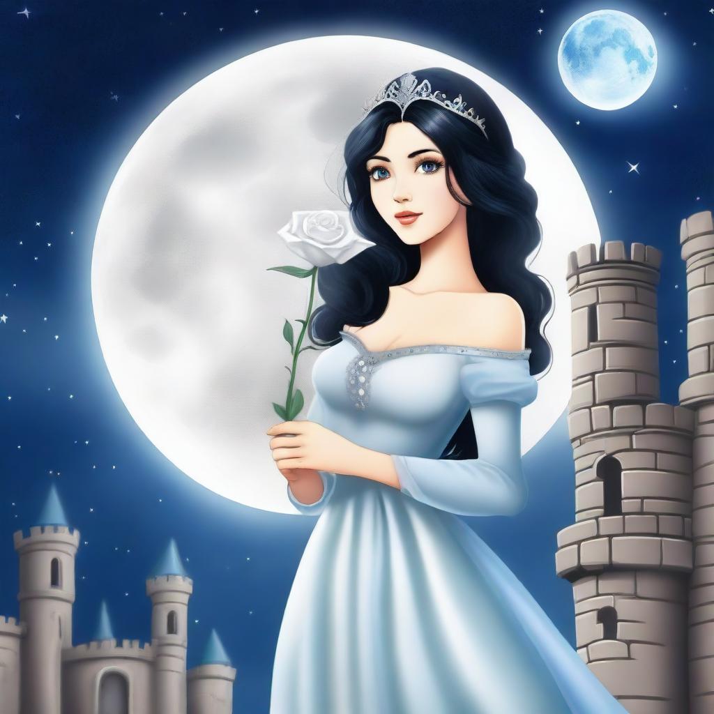 A beautiful woman dressed as a princess with black hair and blue eyes is standing in a castle, looking at a large full white moon with stars in the sky