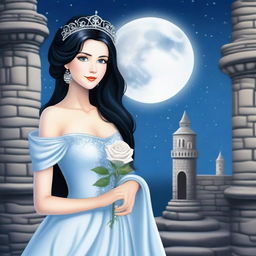 A beautiful woman dressed as a princess with black hair and blue eyes is standing in a castle, looking at a large full white moon with stars in the sky