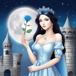 A beautiful woman dressed as a princess with black hair and blue eyes is standing in a castle, looking at a large full white moon with stars in the sky