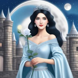 A beautiful woman dressed as a princess with black hair and blue eyes is standing in a castle, looking at a large full white moon with stars in the sky