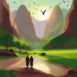 In a serene valley with earthy brown and green tones, people are flying up towards the sky, creating a sense of heavenly ascension and divine connection