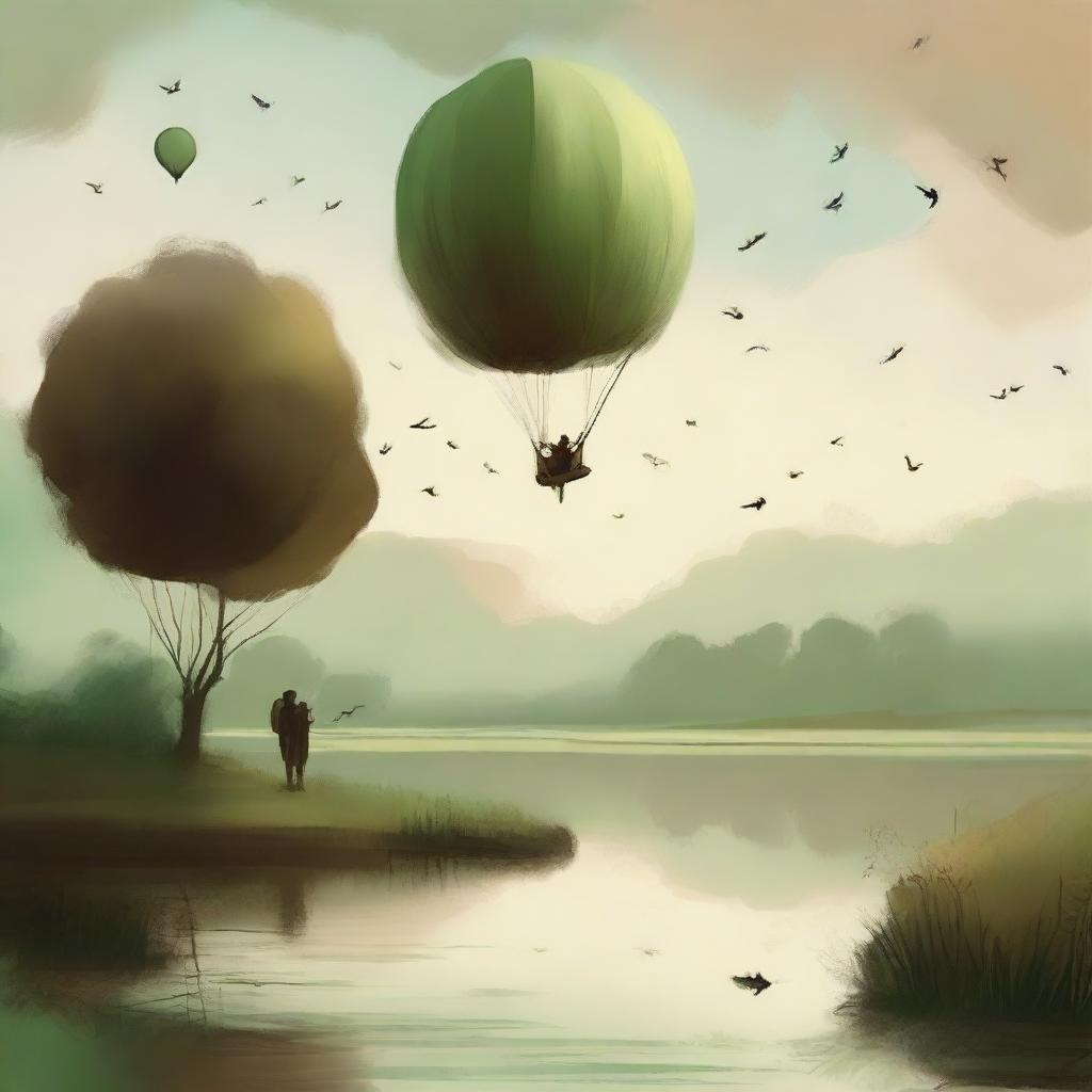 In a serene landscape with earthy brown and green tones, people are floating gracefully in the sky