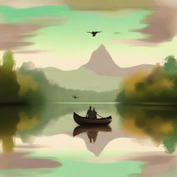 In a serene landscape with earthy brown and green tones, people are floating gracefully in the sky