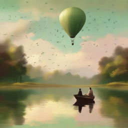 In a serene landscape with earthy brown and green tones, people are floating gracefully in the sky