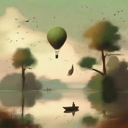 In a serene landscape with earthy brown and green tones, people are floating gracefully in the sky