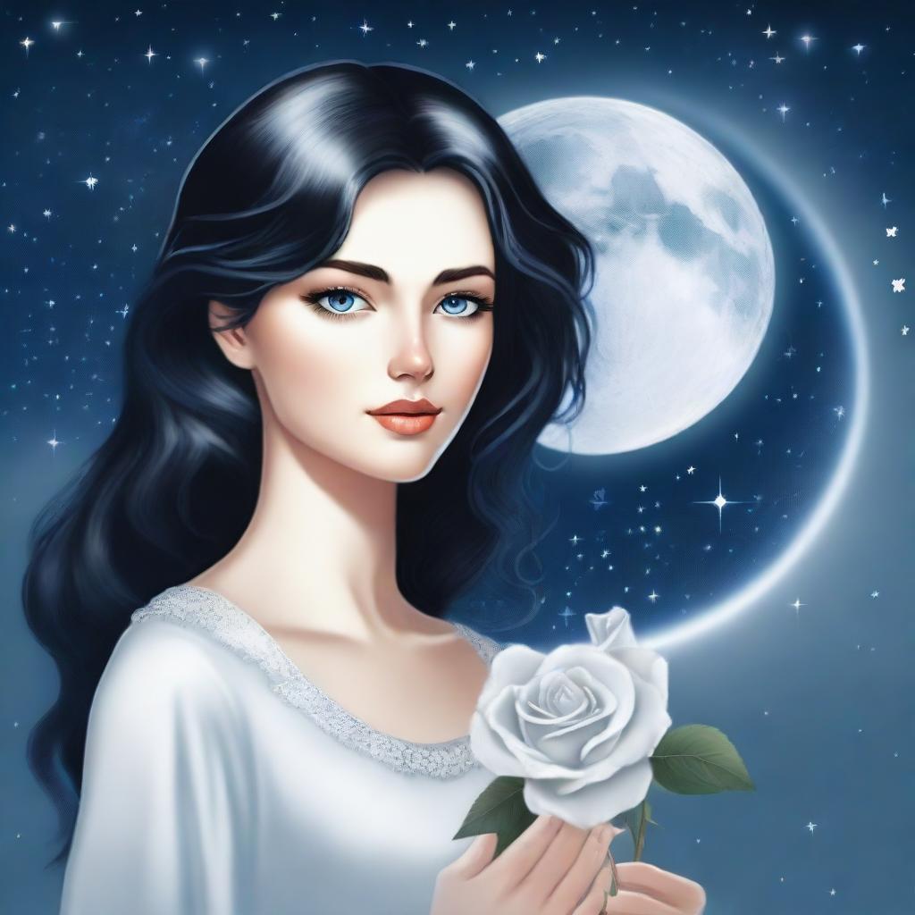 A beautiful woman with black hair and blue eyes is looking at a large full white moon with stars in the sky