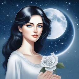 A beautiful woman with black hair and blue eyes is looking at a large full white moon with stars in the sky