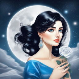 A beautiful woman with black hair and blue eyes is looking at a large full white moon with stars in the sky