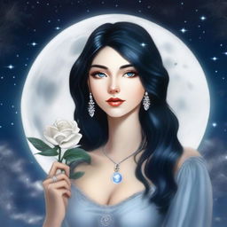 A beautiful woman with black hair and blue eyes is looking at a large full white moon with stars in the sky