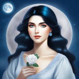 A beautiful woman with black hair and blue eyes is looking at a large full white moon with stars in the sky