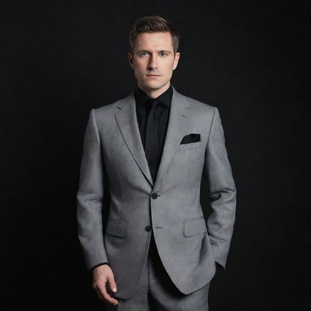 The same man dressed in a grey suit, now standing against a sleek, pure black background, creating a stark contrast