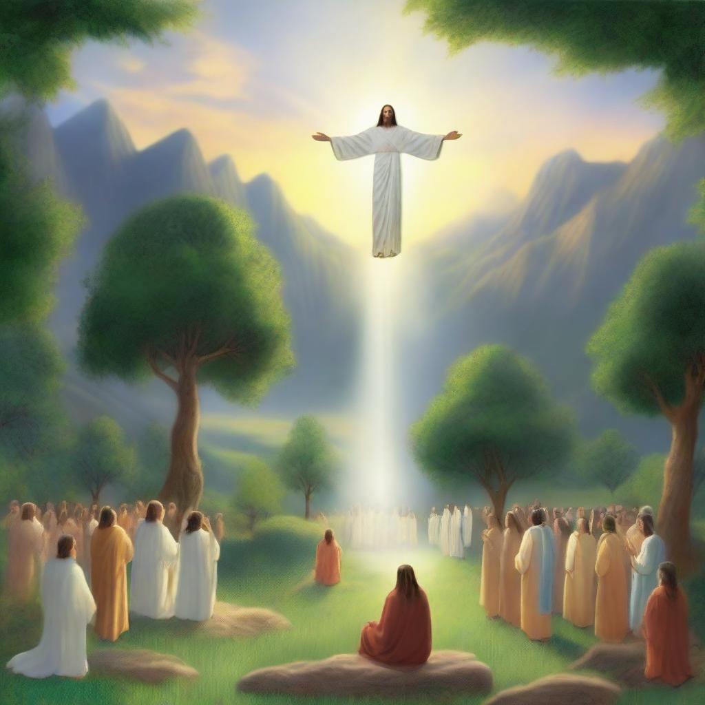 A serene valley with Jesus Christ standing in the center, surrounded by lush greenery and a peaceful atmosphere