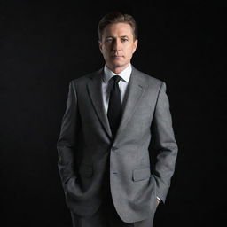 The same man dressed in a grey suit, now standing against a sleek, pure black background, creating a stark contrast