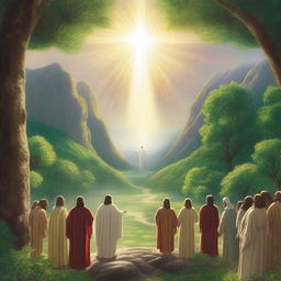 A serene valley with Jesus Christ standing in the center, surrounded by lush greenery and a peaceful atmosphere