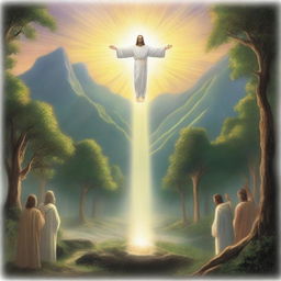 A serene valley with Jesus Christ standing in the center, surrounded by lush greenery and a peaceful atmosphere