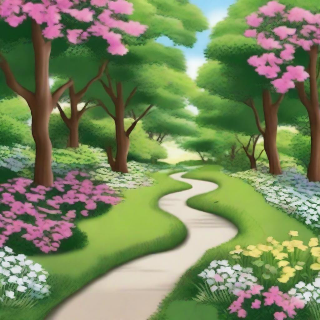 Create an image of a path with trees in the background and grass and flowers in the foreground