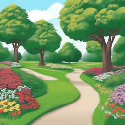 Create an image of a path with trees in the background and grass and flowers in the foreground