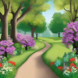 Create an image of a path with trees in the background and grass and flowers in the foreground