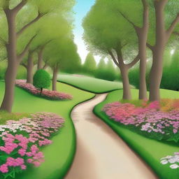 Create an image of a path with trees in the background and grass and flowers in the foreground