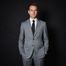 The same man dressed in a grey suit, now standing against a sleek, pure black background, creating a stark contrast