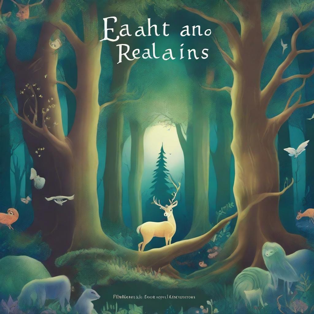 A beautifully illustrated book cover featuring a mystical forest with glowing trees, magical creatures, and a hidden ancient temple