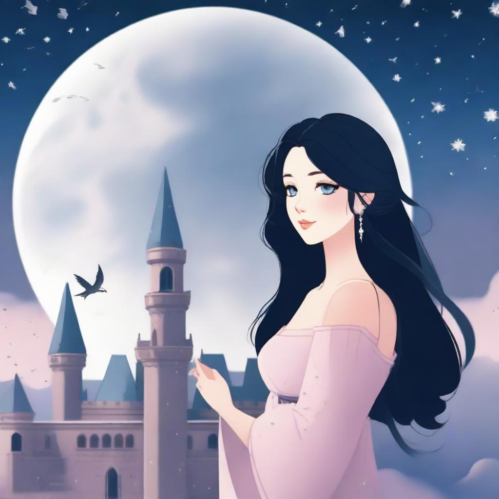 A beautiful woman with black hair and blue eyes is standing in a castle, looking at a large full white moon with stars in the sky