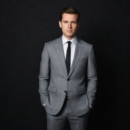 The same man dressed in a grey suit, now standing against a sleek, pure black background, creating a stark contrast