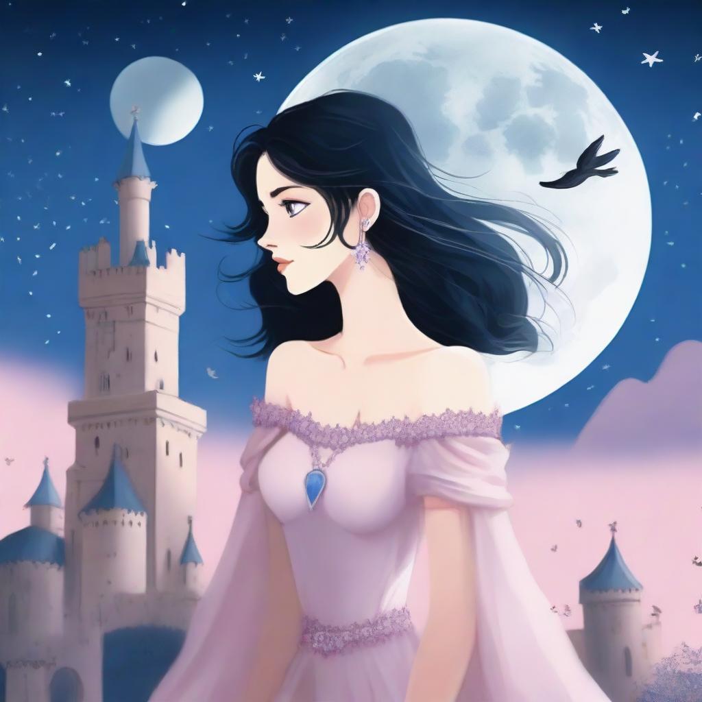A beautiful woman with black hair and blue eyes is standing in a castle, looking at a large full white moon with stars in the sky