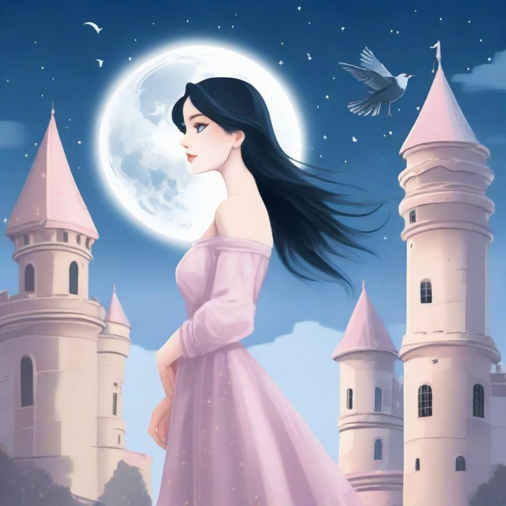 A beautiful woman with black hair and blue eyes is standing in a castle, looking at a large full white moon with stars in the sky