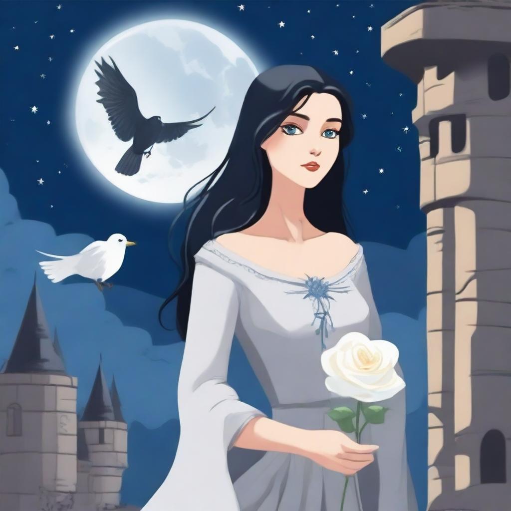 A beautiful woman with black hair and blue eyes is standing in a castle, holding a white-greyish rose