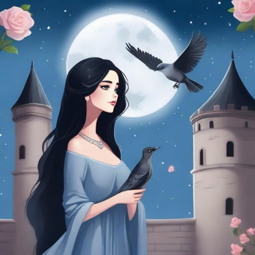A beautiful woman with black hair and blue eyes is standing in a castle, holding an almost black-greyish rose