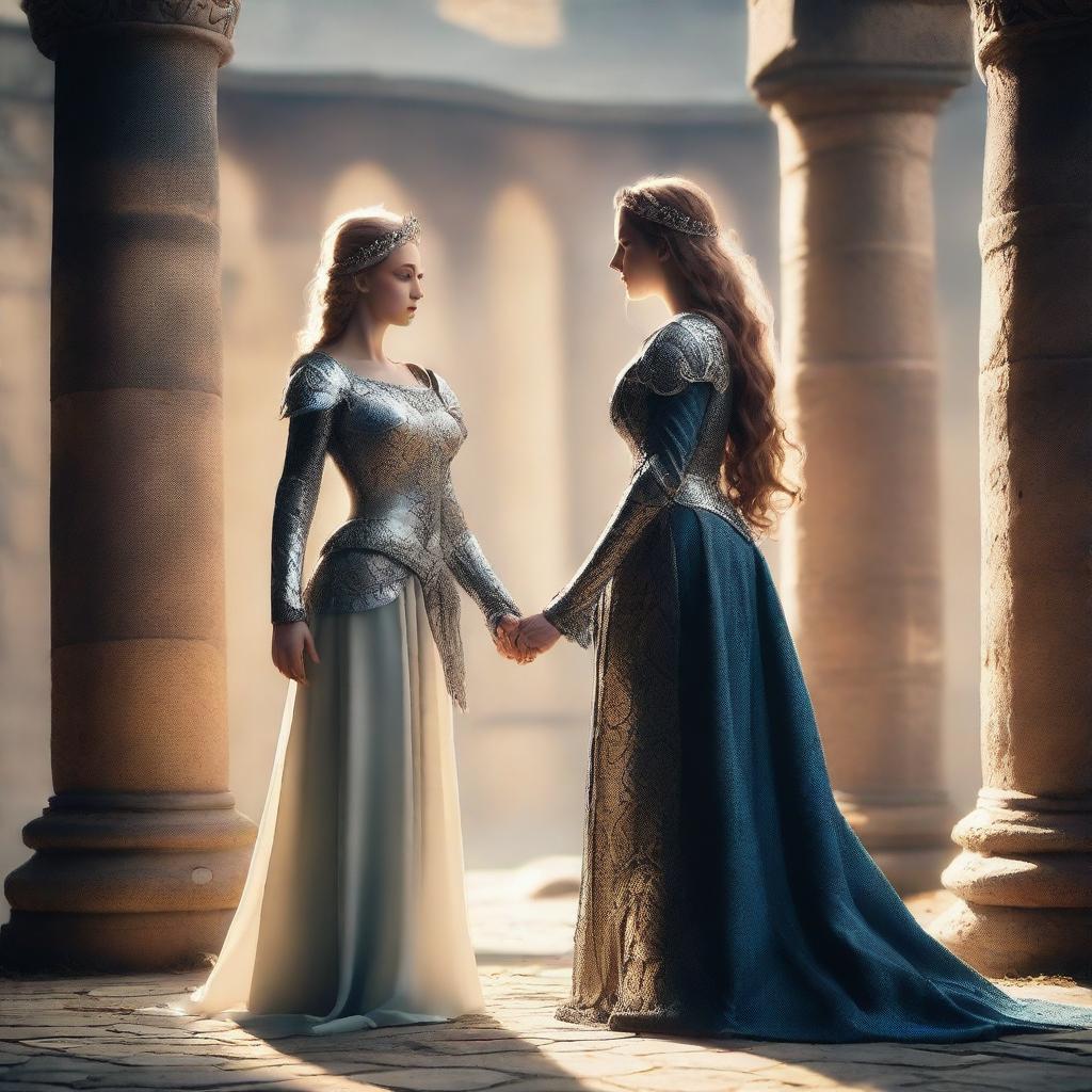 A beautiful princess and a fierce female warrior standing face to face in a majestic medieval setting