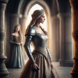 A beautiful princess and a fierce female warrior standing face to face in a majestic medieval setting