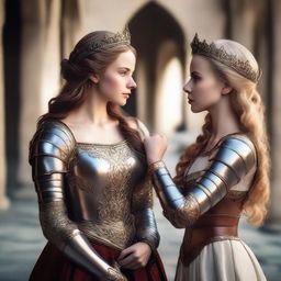 A beautiful princess and a fierce female warrior standing face to face in a majestic medieval setting